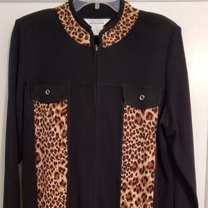 Misook Women's Black and Leopard Zip Up Sz Large